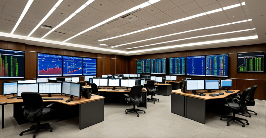 A modern corporate trading desk displaying financial charts and asset allocation spreadsheets