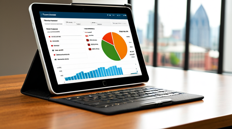 A tablet on a conference table displaying a portfolio asset allocation chart