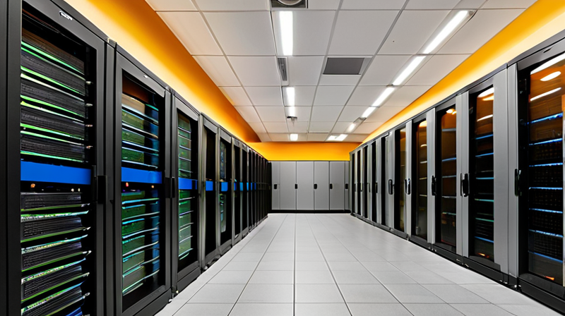 Rows of high-density server racks in a secure enterprise data center