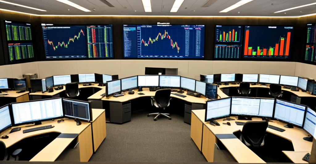 Modern trading floor with multi-screen workstations displaying real-time financial markets data and stock charts in 2026.