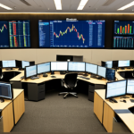 Modern trading floor with multi-screen workstations displaying real-time financial markets data and stock charts in 2026.
