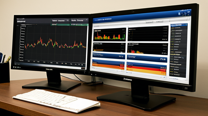 Financial analyst’s workstation showing an interactive dashboard with portfolio breakdown, performance metrics, and risk assessments in 2026.