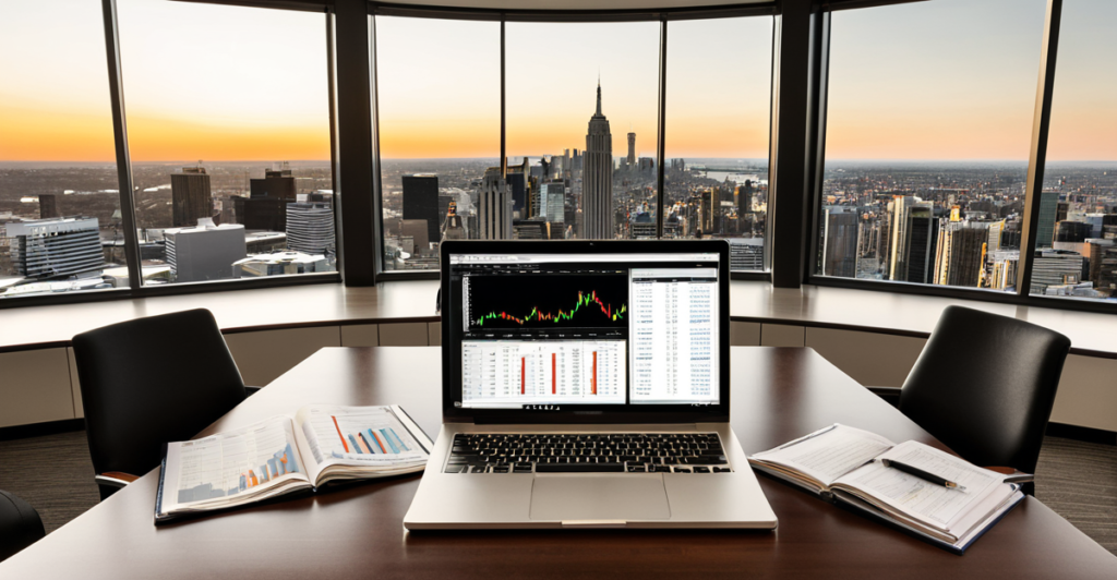 Modern corporate boardroom table with a laptop displaying financial charts and market data