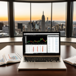 Modern corporate boardroom table with a laptop displaying financial charts and market data