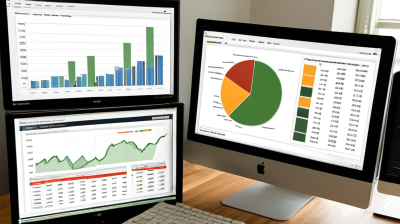 Desktop monitor displaying a detailed investment portfolio dashboard with charts and metrics