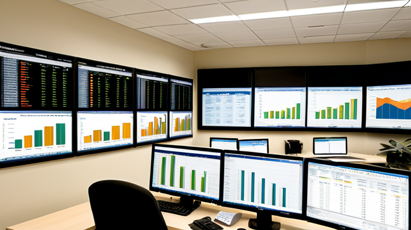 Financial analyst workstation with dual monitors running financial modeling software