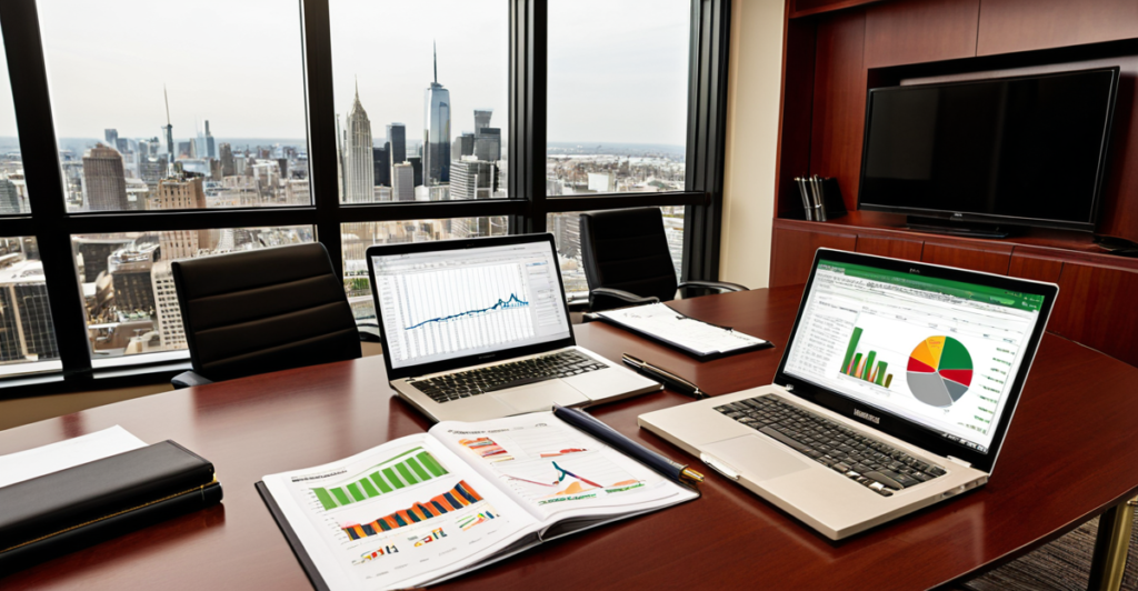 A modern corporate boardroom overlooking a city skyline, representing investment banking and private equity environments.