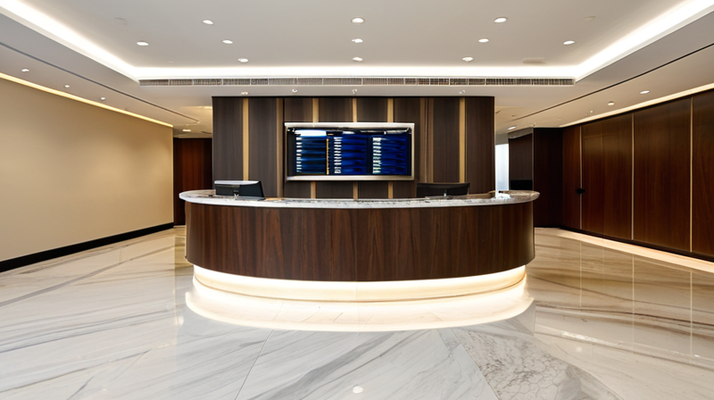 The quiet, elegant interior of a modern investment banking office with a digital index ticker.