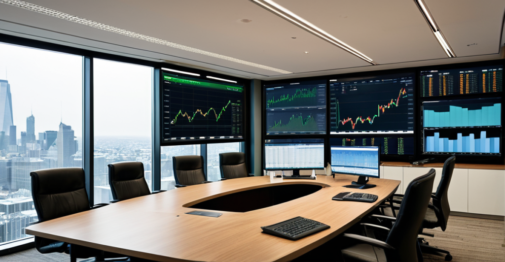 Financial data on multiple screens in a modern office, representing strategic investment decisions