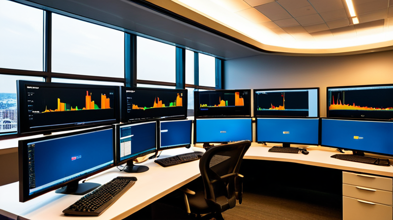 Financial trading terminal displaying market charts and predictive analytics dashboards.