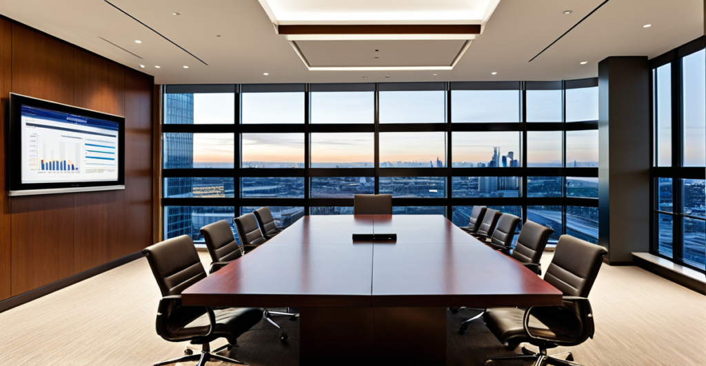 A modern corporate boardroom with financial data dashboards displayed on a large screen, representing finance and investment.
