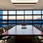 A modern corporate boardroom with financial data dashboards displayed on a large screen, representing finance and investment.
