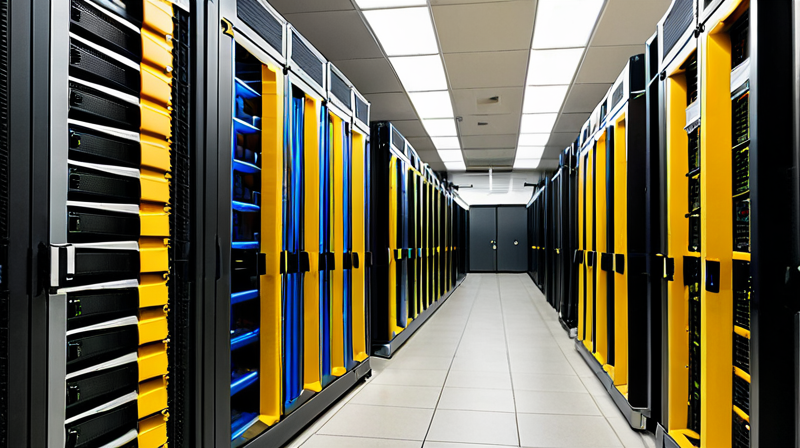 Modern data center server racks with blinking indicator lights, symbolizing digital infrastructure and investment in technology.