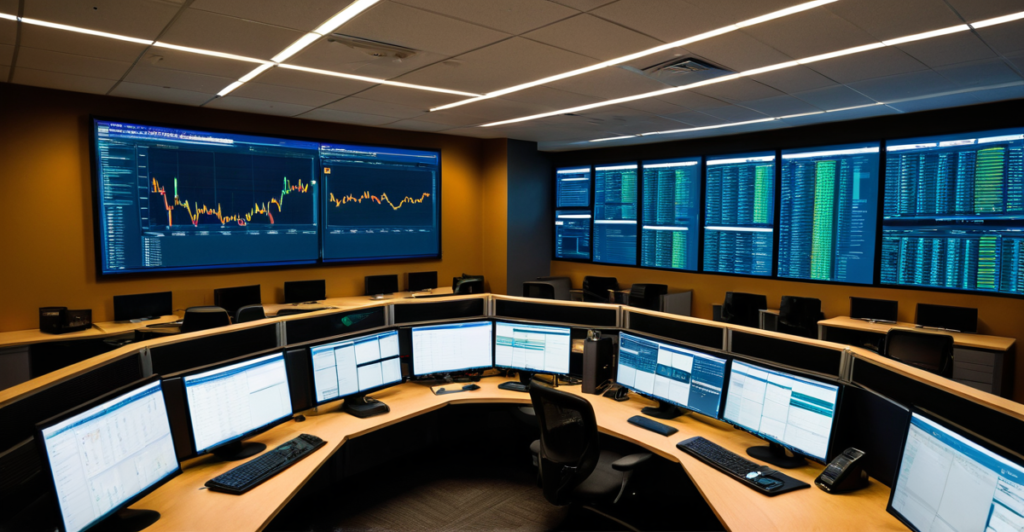 Modern cybersecurity operations center with real-time network traffic dashboards and encrypted data streams.