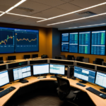 Modern cybersecurity operations center with real-time network traffic dashboards and encrypted data streams.