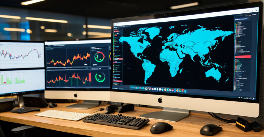 Cybersecurity operations center showing network security monitors and vulnerability scans.