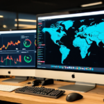 Cybersecurity operations center showing network security monitors and vulnerability scans.