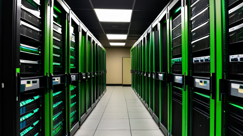 Secure server room with indicator lights and diagnostic monitor.