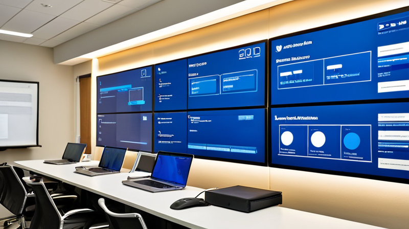 A corporate conference room displaying automated user journey flows on a wall-mounted screen.