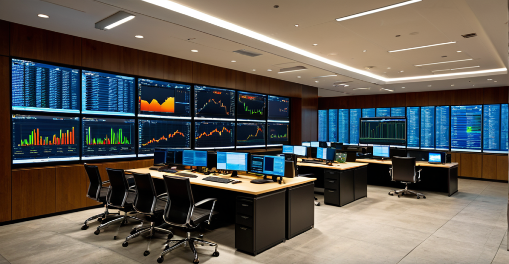 An empty institutional trading floor with multi-monitor setups displaying real-time financial charts and market data indexes.
