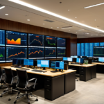 An empty institutional trading floor with multi-monitor setups displaying real-time financial charts and market data indexes.
