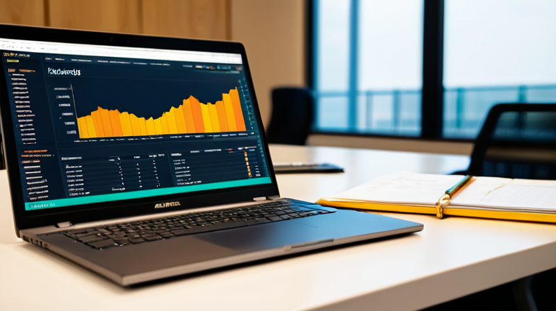 A laptop screen displaying a corporate balance sheet and risk assessment charts next to a hardware wallet on a desk.