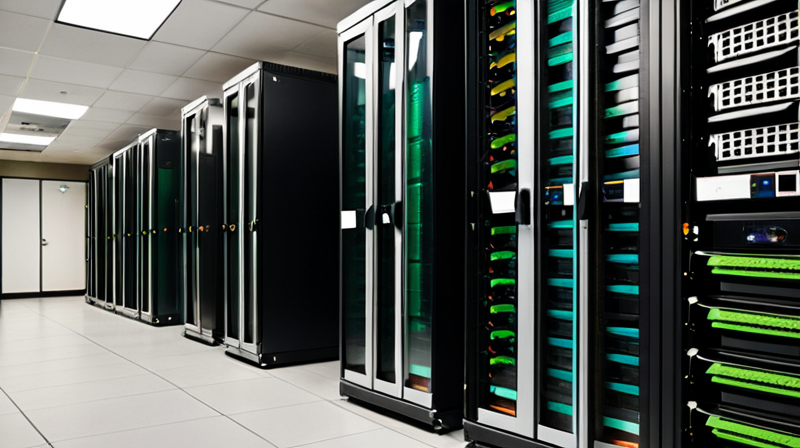 A professional server room with high-performance networking hardware and neatly organized fiber optic cables.