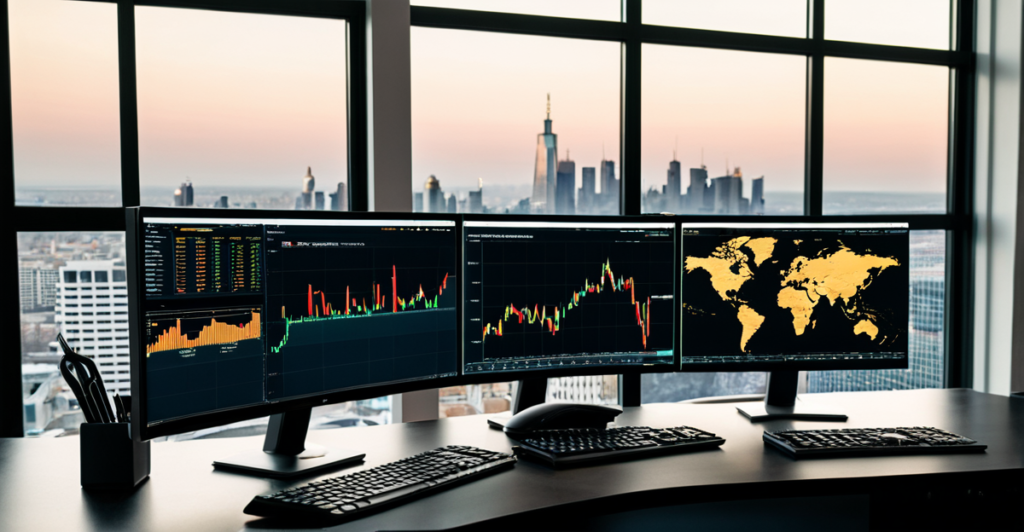 Trading desk with multiple screens showing crypto market data and charts