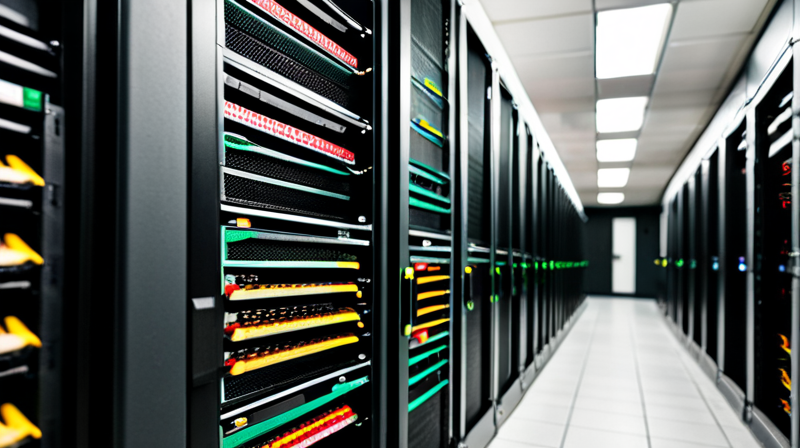 Close-up of server racks with blinking lights and network cables in a secure data center