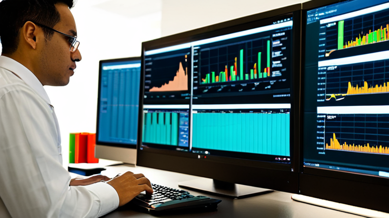 Researcher analyzing economic indicators and crypto correlations on a transparent display in a modern lab