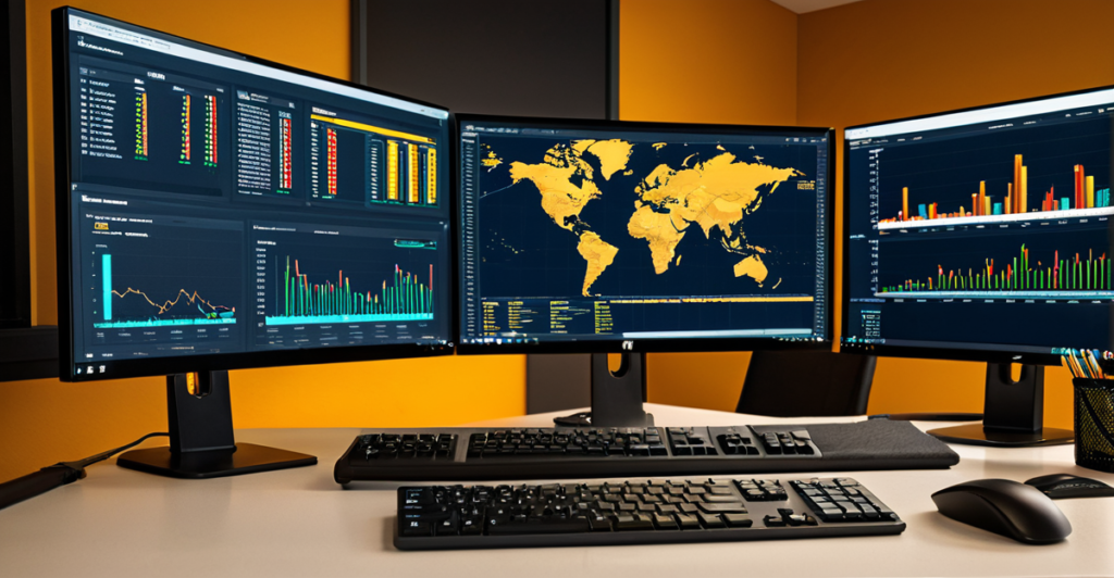 A professional trading desk displaying real-time cryptocurrency market data and financial charts.