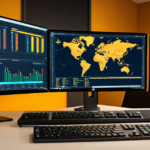 A professional trading desk displaying real-time cryptocurrency market data and financial charts.