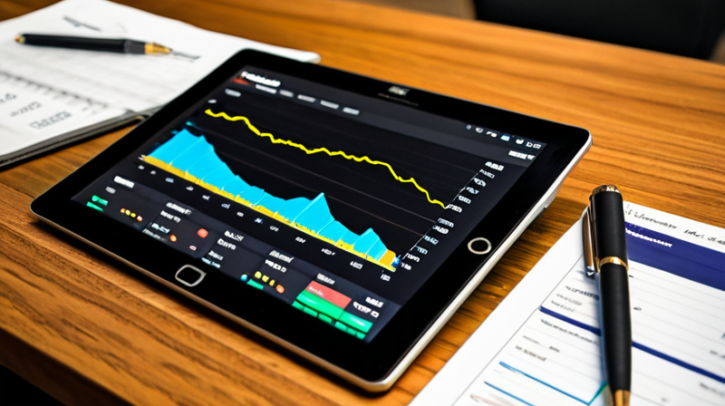 A tablet device showing macroeconomic indicators and yield curves on a conference table.