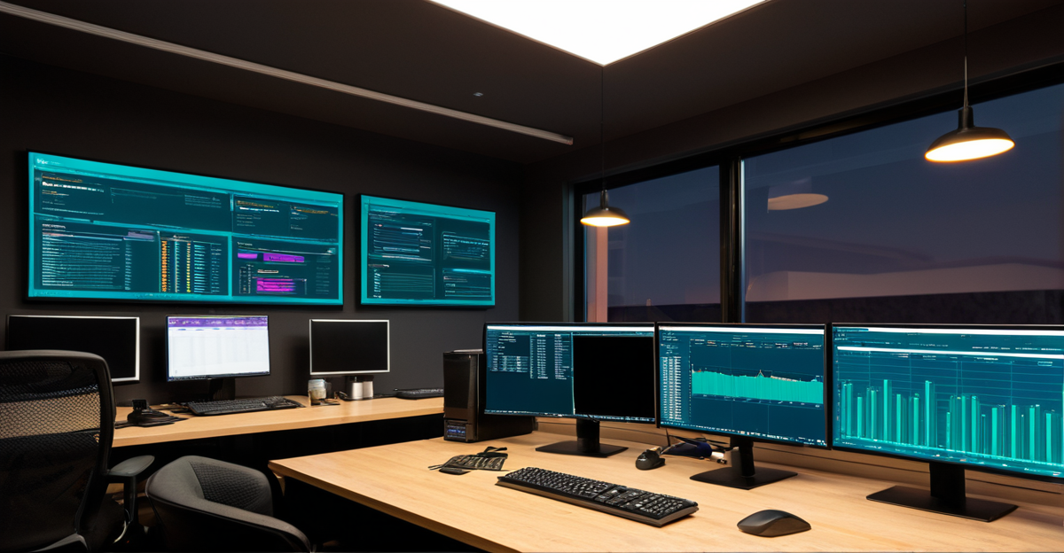 Cybersecurity operations center showing network traffic paths and cryptographic data flow dashboards.
