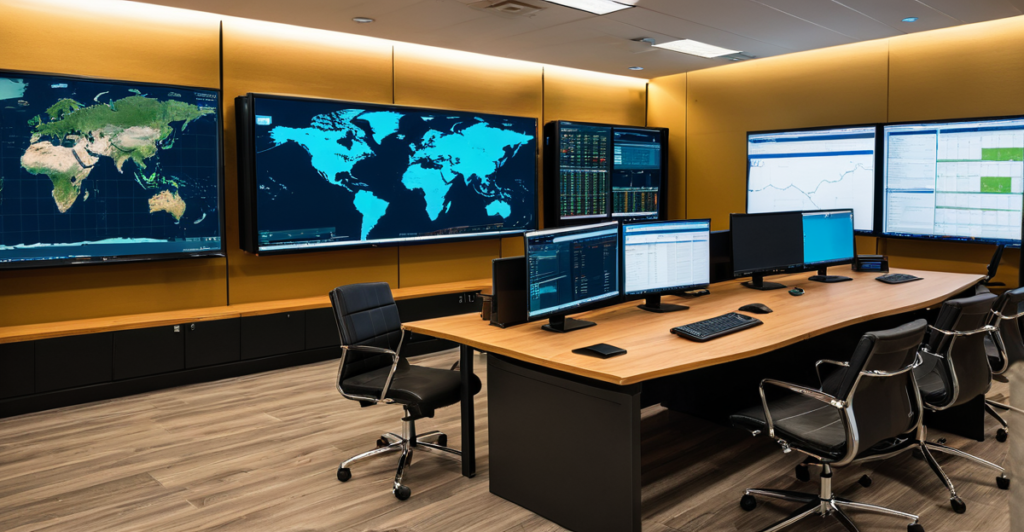 Cybersecurity operations center showing global network traffic nodes and secure data pathways.