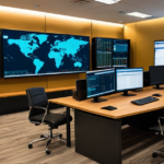 Cybersecurity operations center showing global network traffic nodes and secure data pathways.
