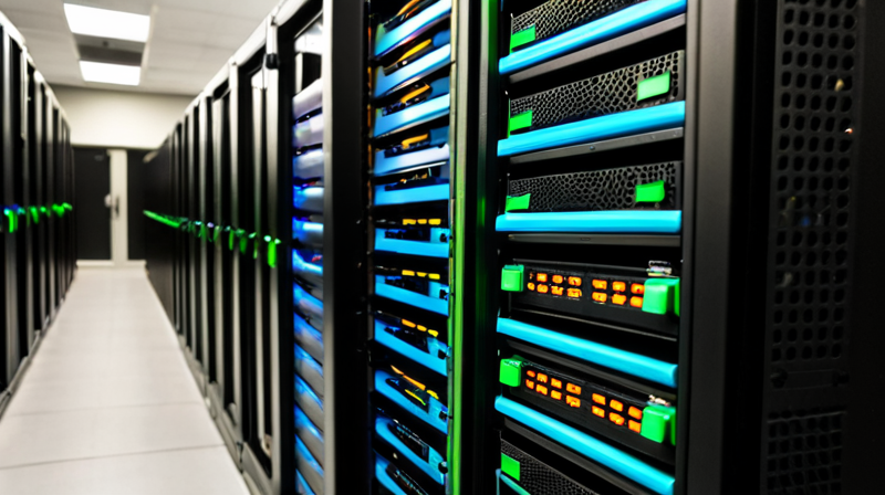 Close-up of a secure server rack with blinking LED indicator lights and organized cabling.