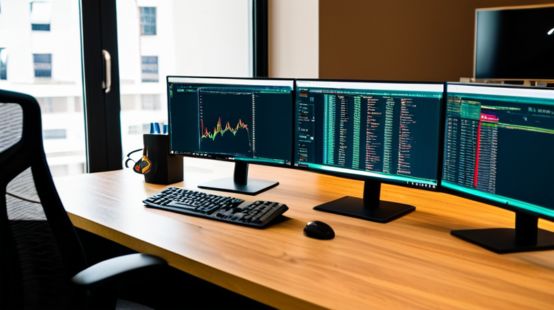 IT professional workspace with dual monitors displaying secure terminal and hardware token on desk.