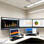 High-tech financial trading floor with multiple screens displaying market data for modern finance analysis