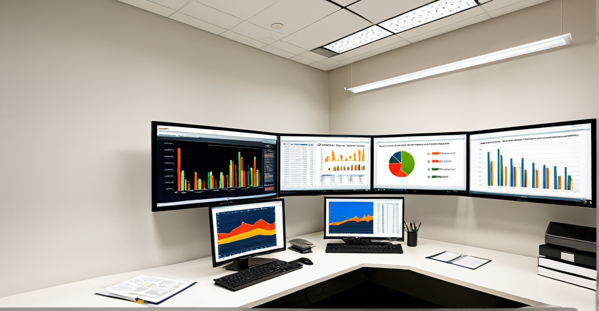 High-tech financial trading floor with multiple screens displaying market data for modern finance analysis