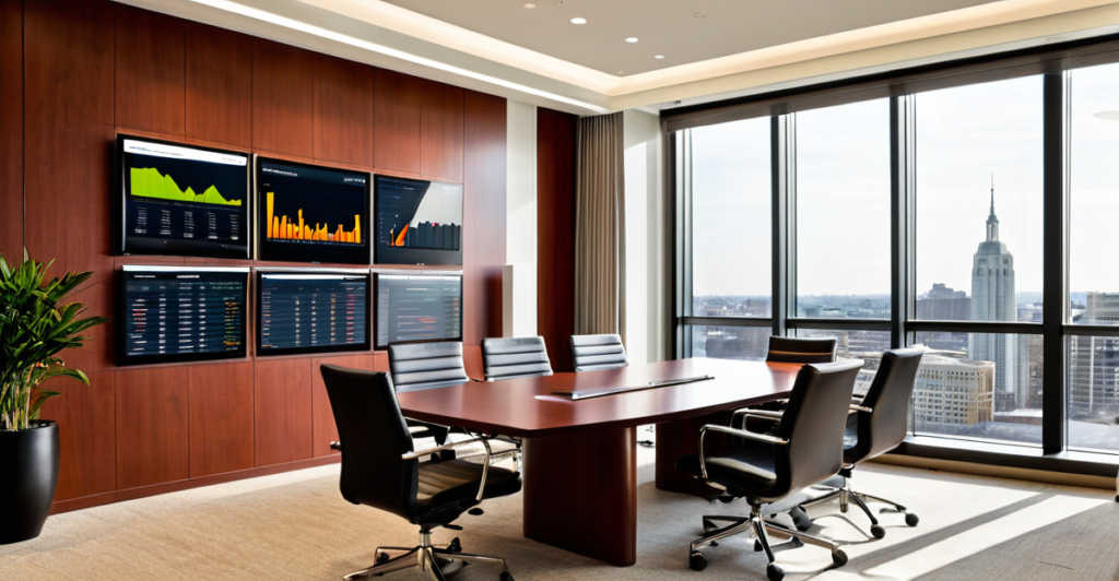 Modern wealth management office with financial market dashboards on screens