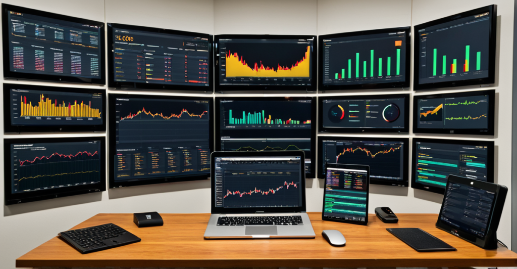A modern cryptocurrency monitoring center with large screens displaying real-time market data and charts.