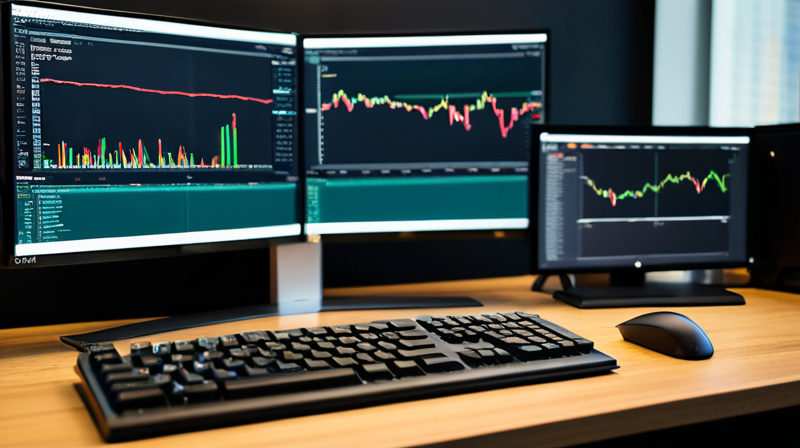 Dual-monitor developer workstation displaying database schemas and real-time blockchain block updates.