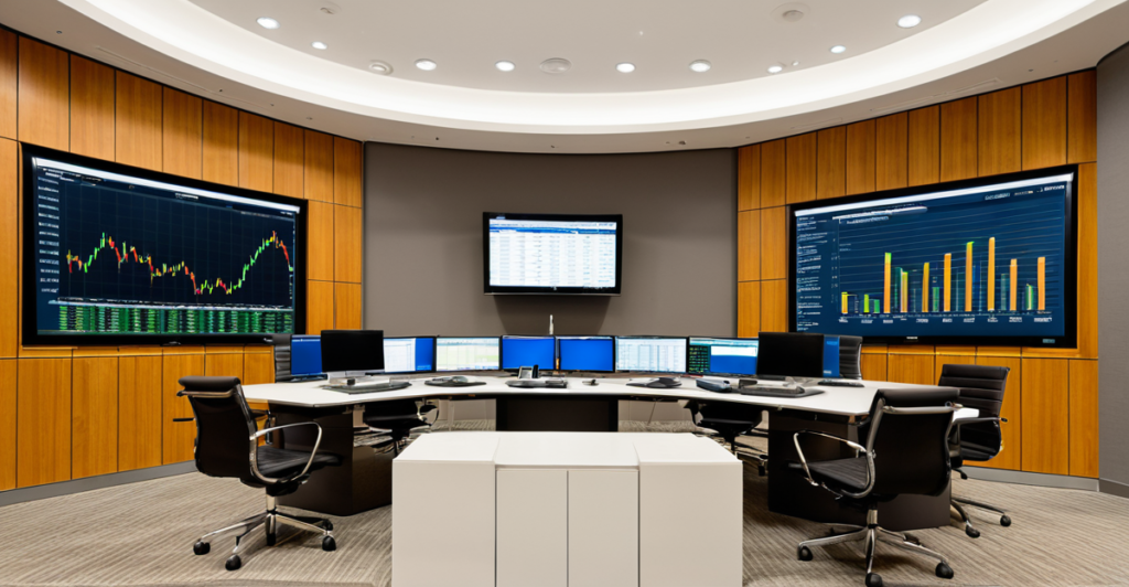 Modern financial advisory office with digital screens displaying investment portfolio metrics and ETF data charts.