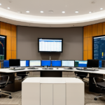 Modern financial advisory office with digital screens displaying investment portfolio metrics and ETF data charts.