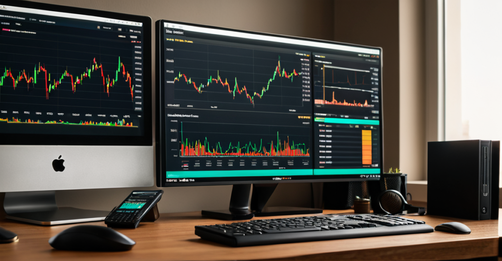 Sleek trading desk with multiple monitors displaying real-time cryptocurrency charts and market news feeds.