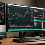 Sleek trading desk with multiple monitors displaying real-time cryptocurrency charts and market news feeds.
