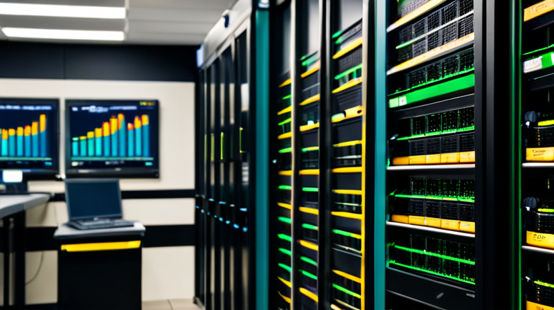 Secure server rack environment with a diagnostic monitor showing network performance metrics.