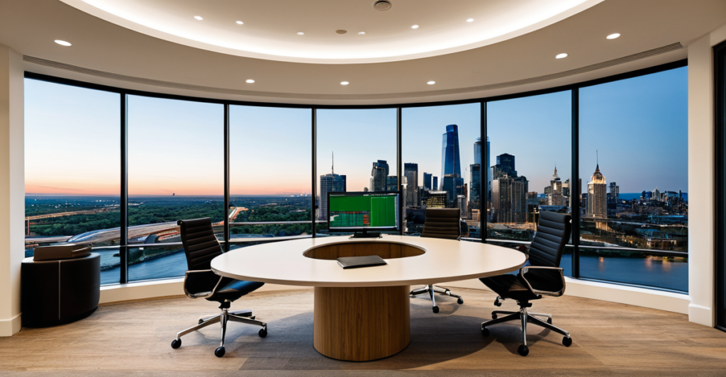 Modern financial advisory office with portfolio dashboard on a tablet