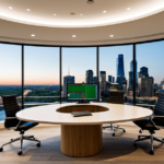 Modern financial advisory office with portfolio dashboard on a tablet